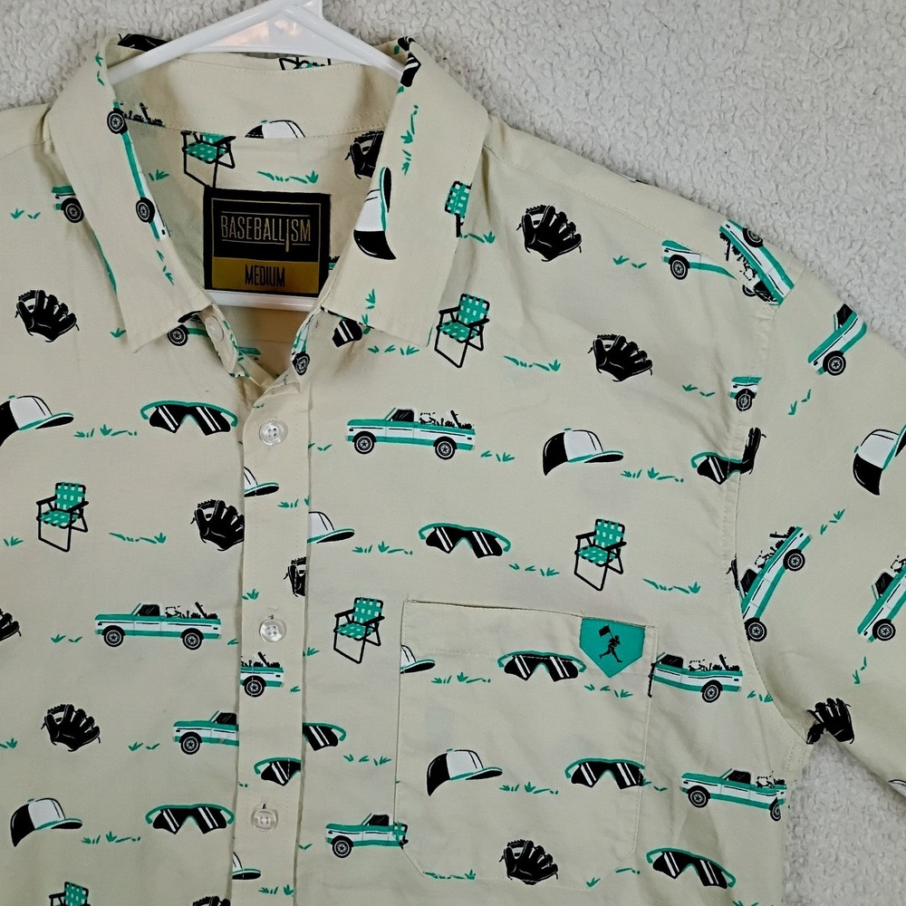 Baseball Shirt Button Up Mens Medium Tan Baseball Novelty Baseball Fan‎ Shirt